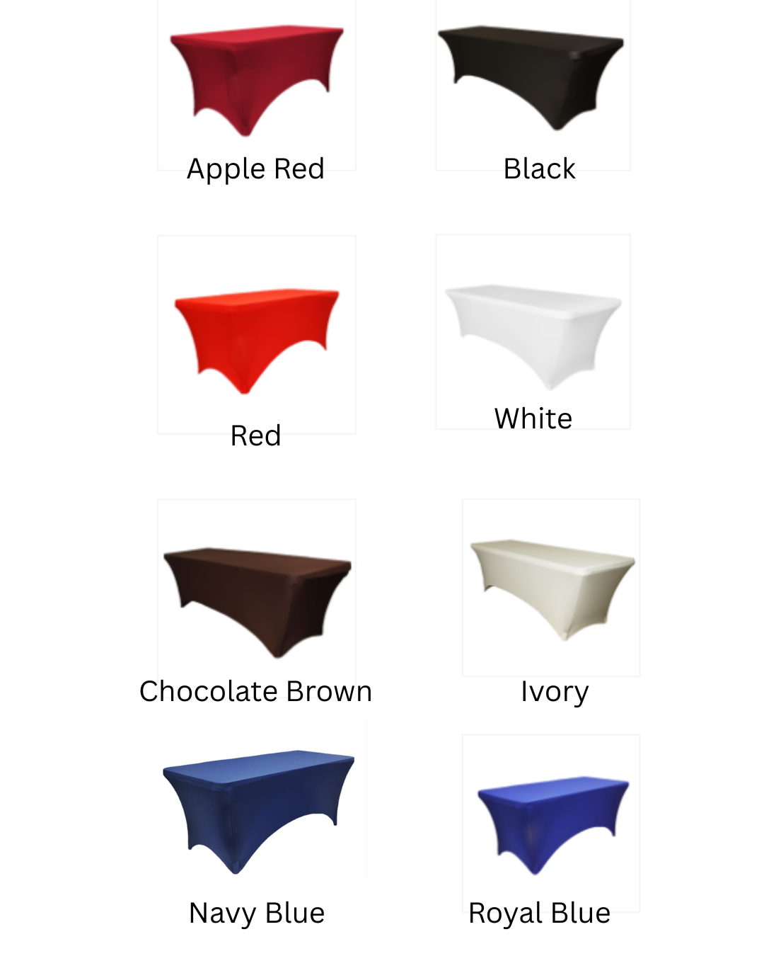 stock photos of 8-ft spandex table covers in various colors
