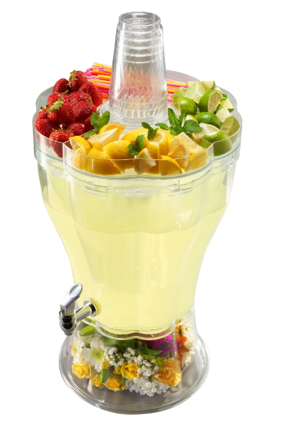3.5-gal drink dispenser serving lemonade with sliced fruit on lid and decorative flowers underneath