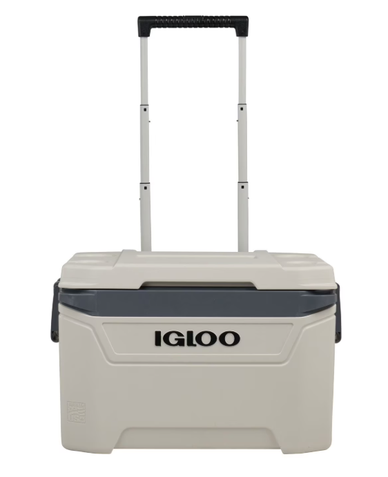 stock photo of beige Igloo 60-qt drink cooler with elongated handle