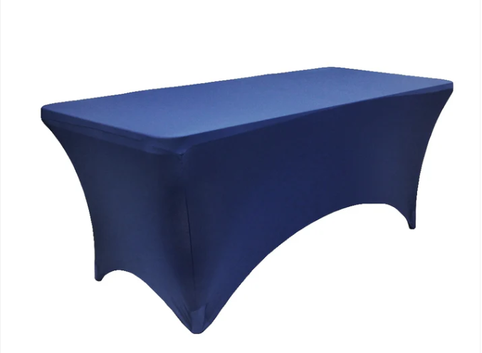 stock photo of fitted spandex 8-ft table cover in navy blue