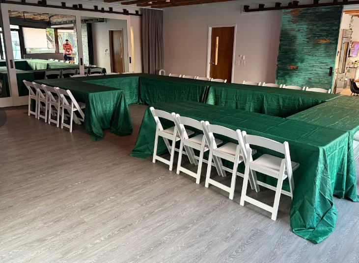 White Resin Chairs and 8-ft Table w/Linens