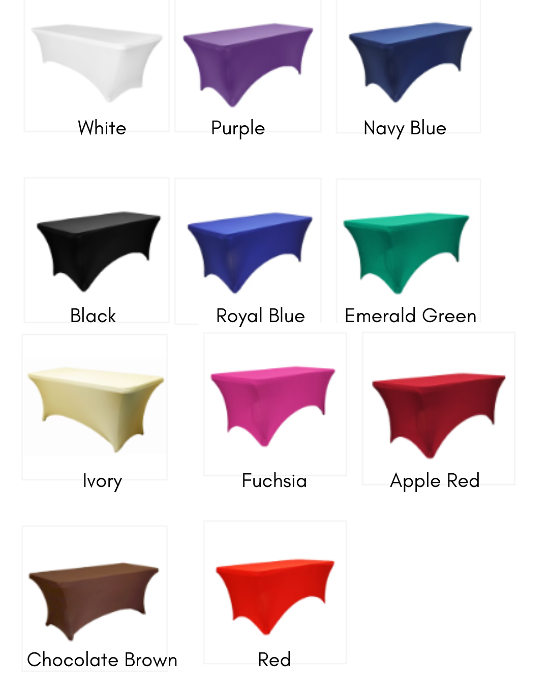 Stock photos showing colors available for fitted spandex cover for 6-ft table