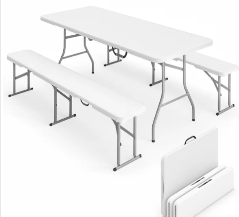 stock photo of white plastic benches paired with plastic folding table to look like picnic table