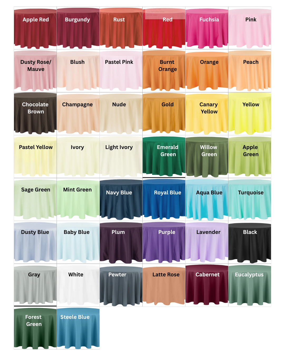 chart showing available colors for polyester tablecloth rentals
