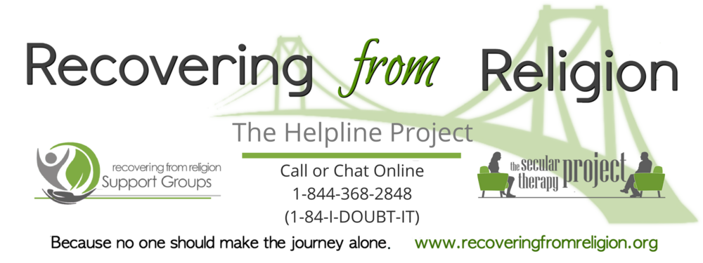 Banner for Recovering from Religion with helpline details, support groups, and secular therapy project information.