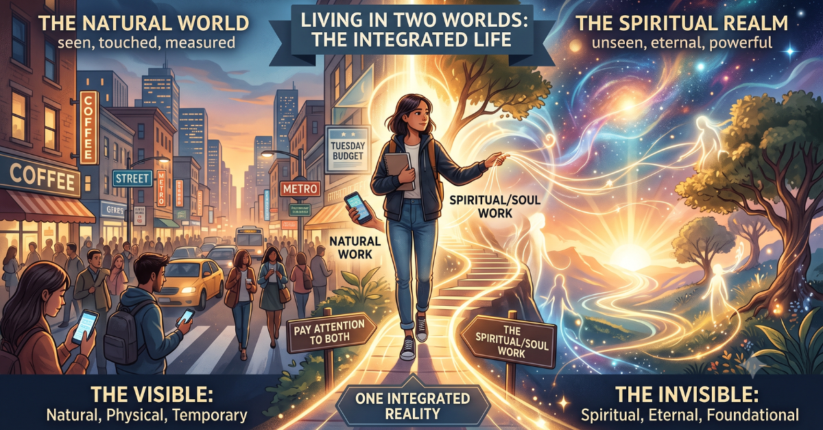 Illustration of a woman walking from a city street into a glowing spiritual realm, symbolizing the integration of the natural and spiritual worlds.