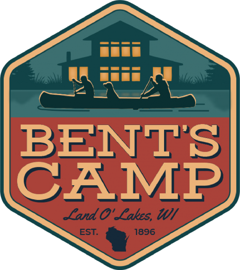 Logo for Bent's Camp in Land O' Lakes, Wisconsin, established in 1896, featuring a house, people canoeing on water, and a map of Wisconsin.