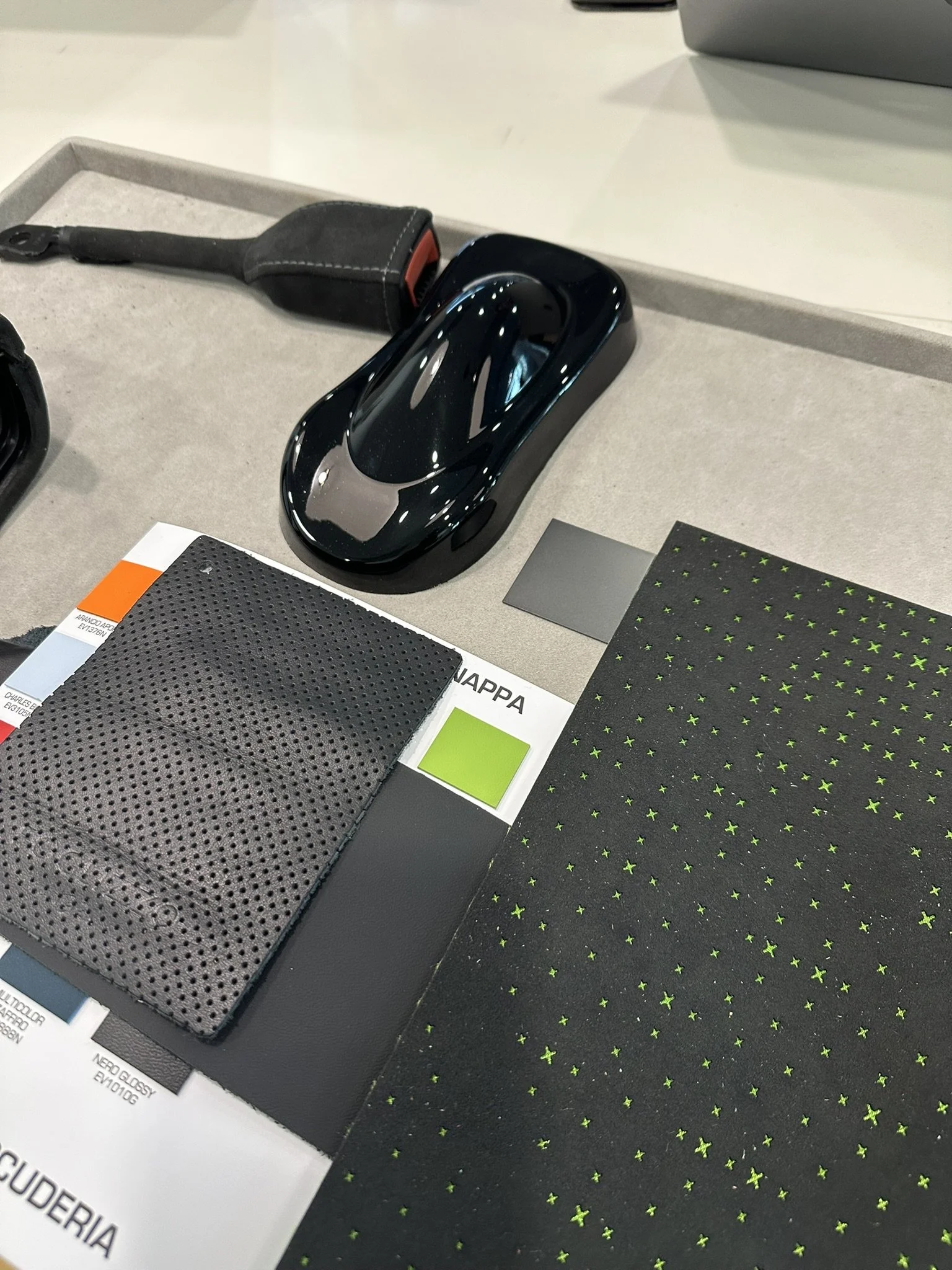Turbo Florio 5 — Gunther Werks Turbo (Tornado) material samples: NVIDIA Black Metallic, Leather, and Alcantara choices. — #TurboFlorio5