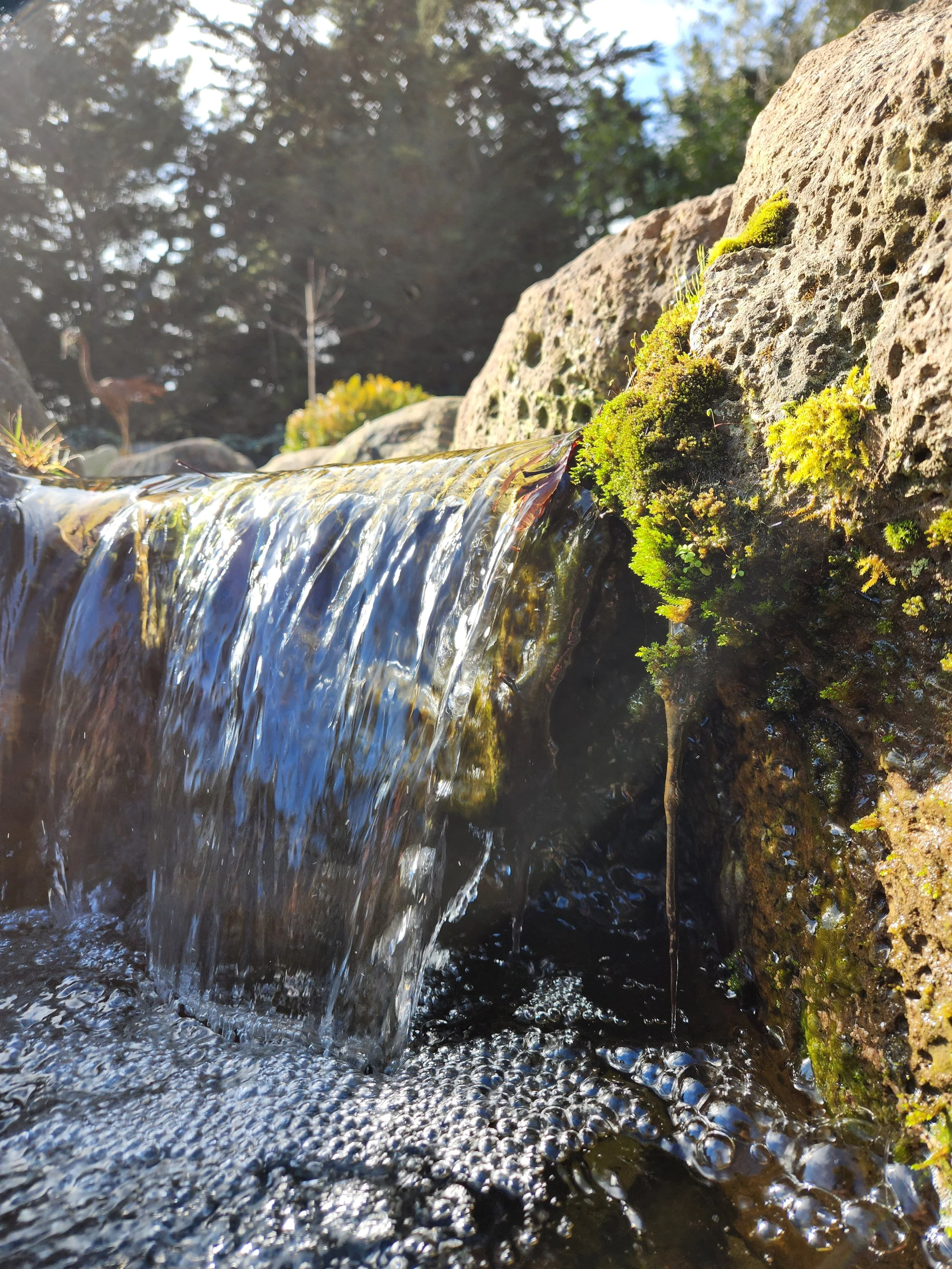 Natural stone waterfall cascade with established moss growth — Southern Waterscapes Ltd, Canterbury NZ