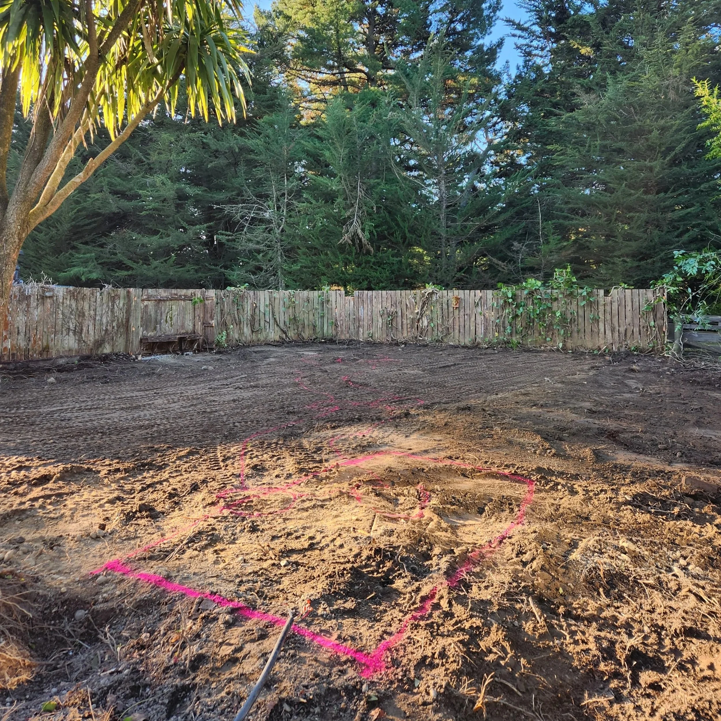 Aylesbury site cleared and pondless waterfall layout marked with spray paint — Southern Waterscapes Ltd, Selwyn