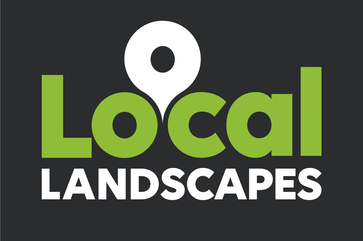 Logo for Local Landscapes featuring a green and white map pin above the words 'Local Landscapes' on a black background.