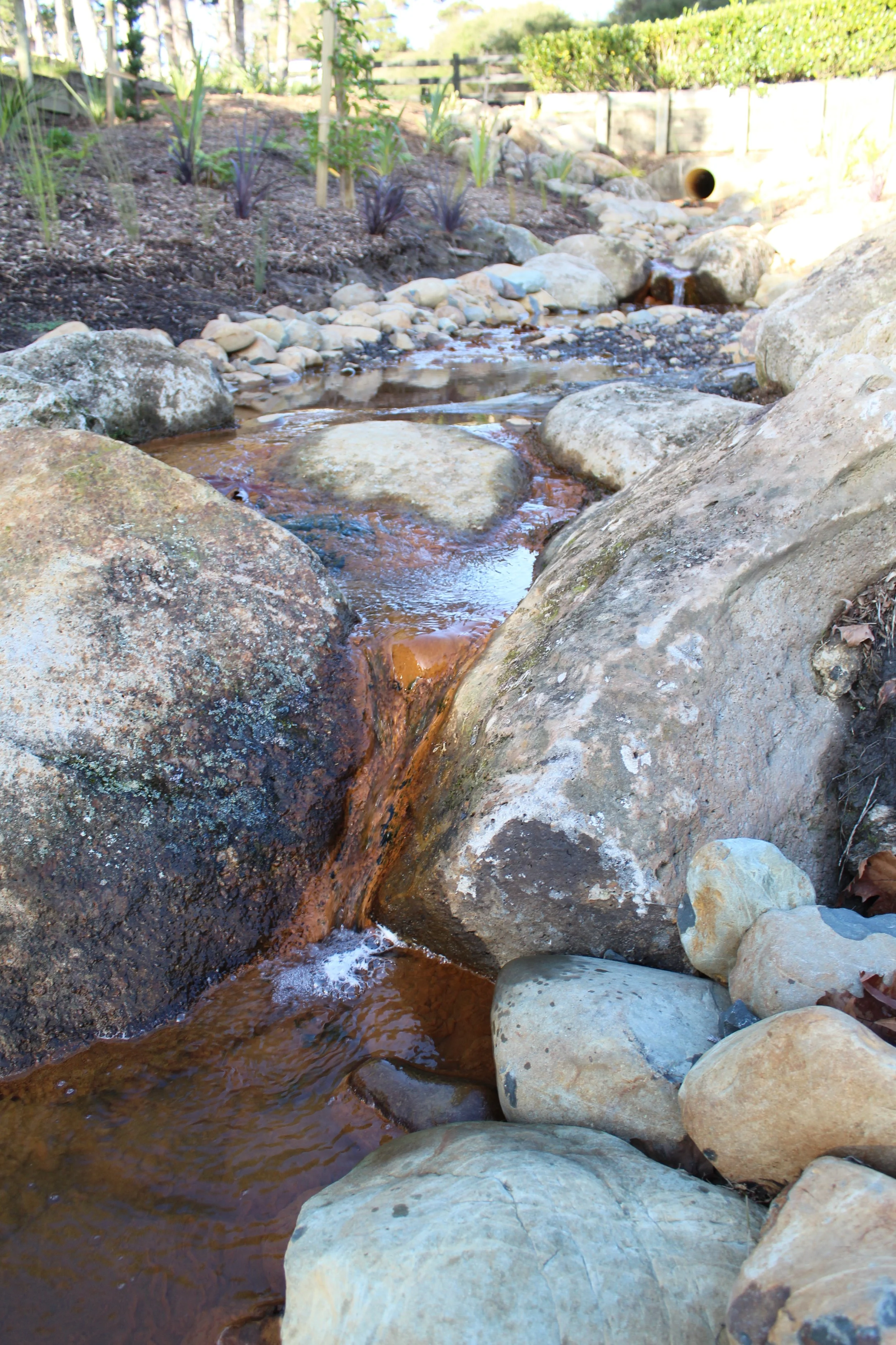 A small garden stream flowing over rocks and pebbles, with a garden and plants visible in the background.