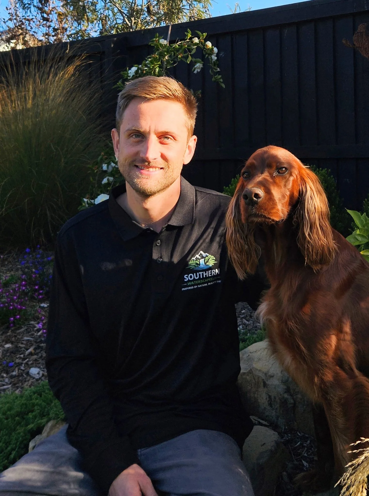Matt White, Aquascape Certified Contractor and founder of Southern Waterscapes, in a garden setting in Canterbury, New Zealand