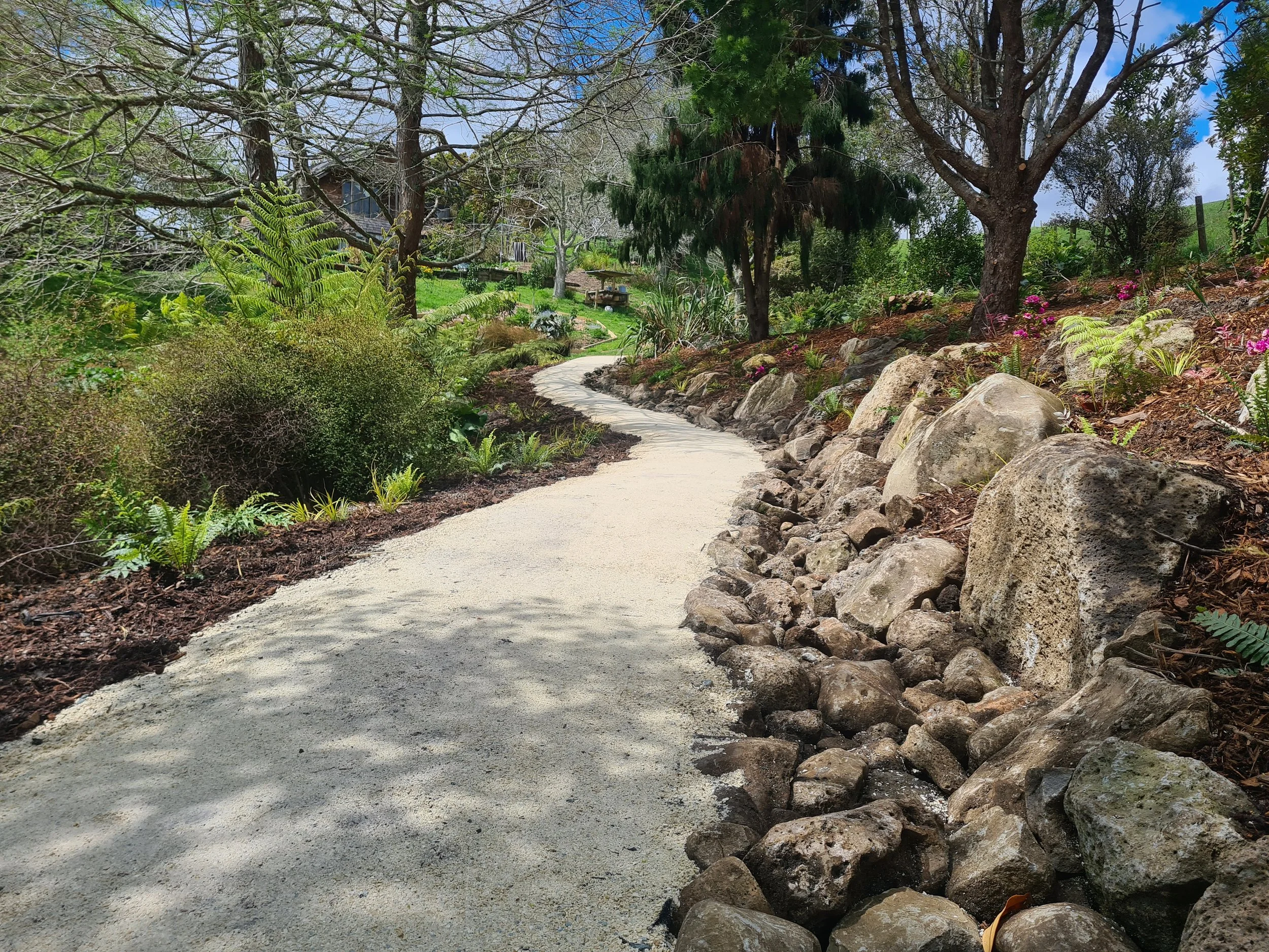 A winding garden pathway with rocks on the right side, surrounded by green plants and trees, leading to a house in the background.