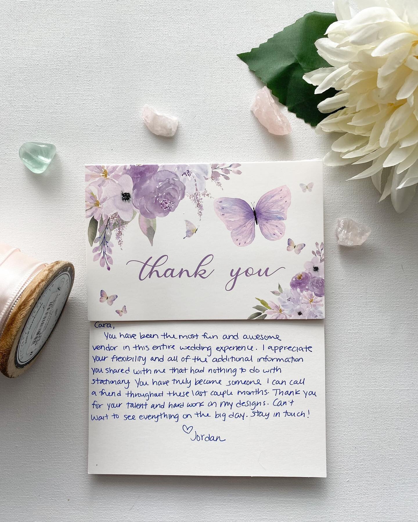 Such a special client thank you note, had to share. Shout out to Jordan and Adam! Have a beautiful day tomorrow, I&rsquo;ll be thinking about the two of you! 💜
.
.
.
#weddingstationery #weddinginvitations #weddingplanning #custominvitations #handpai