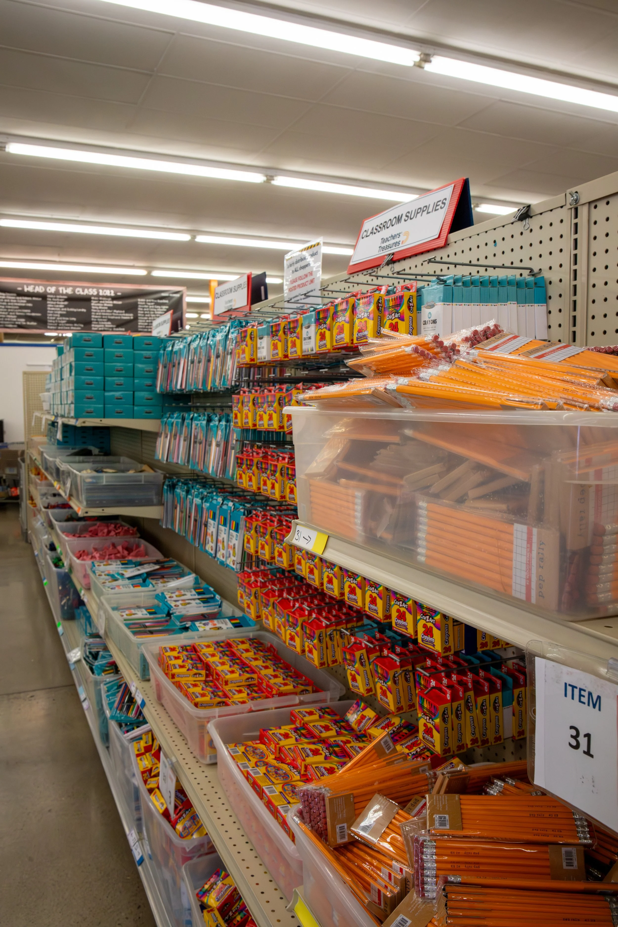 Core school supply items displayed inside of Teachers' Treasures