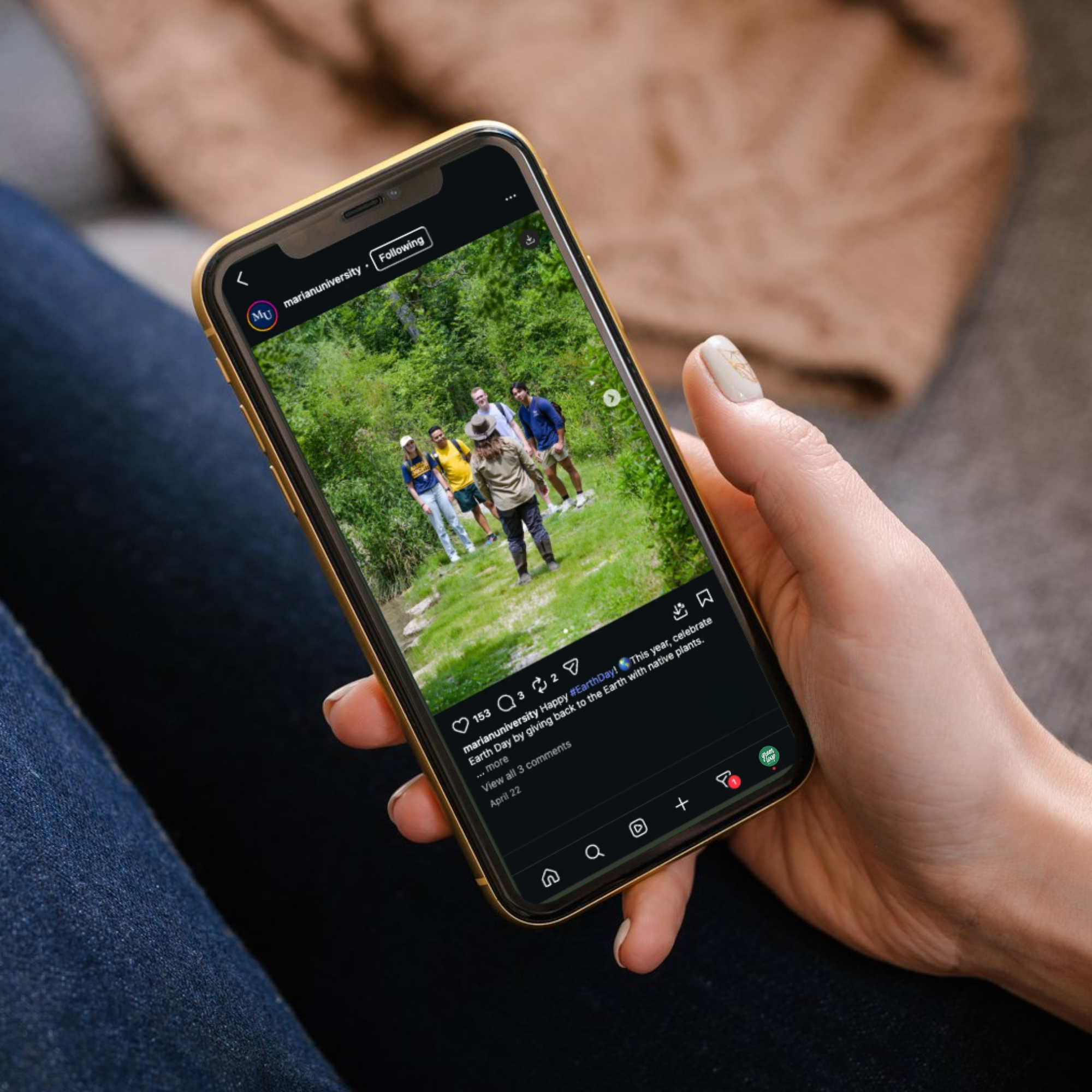 Marian University post featured on a smartphone