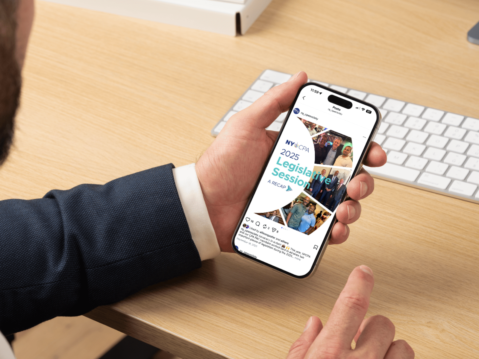 An image of a man holding a phone looking at an Instagram post from NYCPA. It features photos in a half circle and reads "2025 Legislative Session Recap"