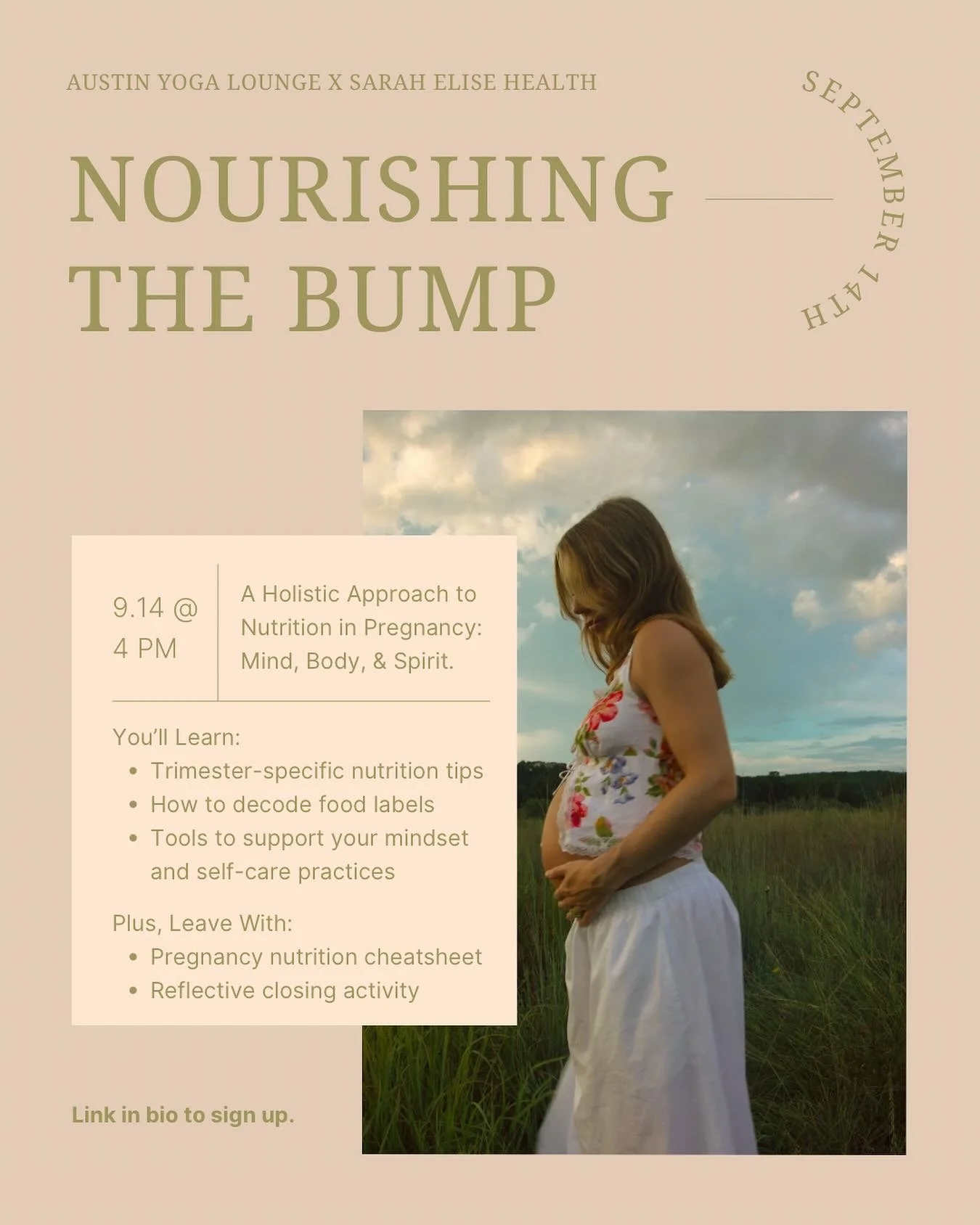 Event incoming 💌 Thrilled to be partnering with @austinyogalounge to host &ldquo;Nourishing the Bump,&rdquo; a 60-minute workshop focused on nourishment at every stage of pregnancy: mind, body, and spirit. If you are pregnant or thinking about pregn