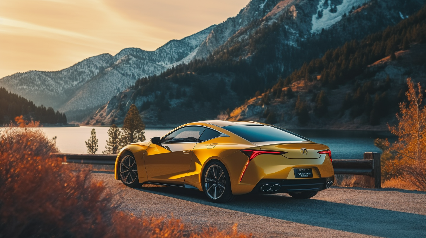 Prompt "a photo of an 2020 yellow acura nxs sports car. The car should be parked on an overlook with mountains behind it. The image is shot using a 35mm lens to highlight the car and the background. The lighting should be warm to simulate golden hour