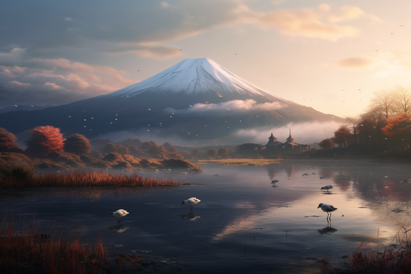 Prompt "4k hyperrealistic photo of mount fuji. the lighting is dawn and cinematic. In the foreground are animals gazing upon the mountains glory. There is a slight fog that lays upon the ground."