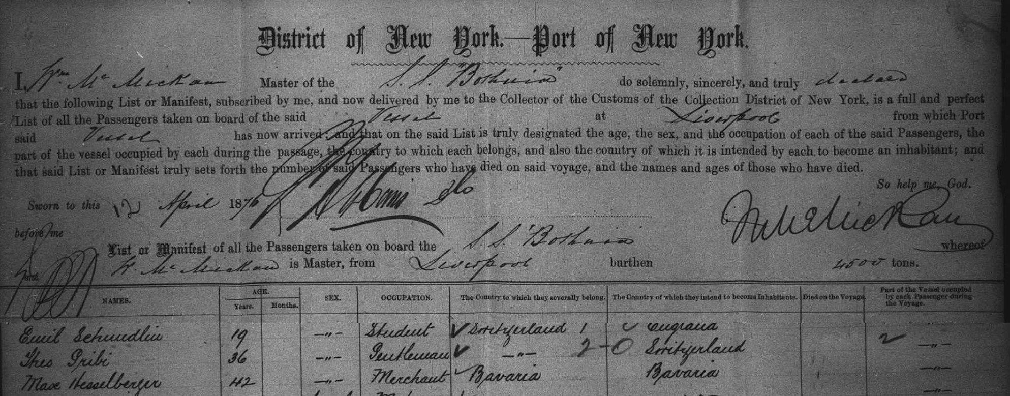 Theo Gribi's arrival into New York (public domain)