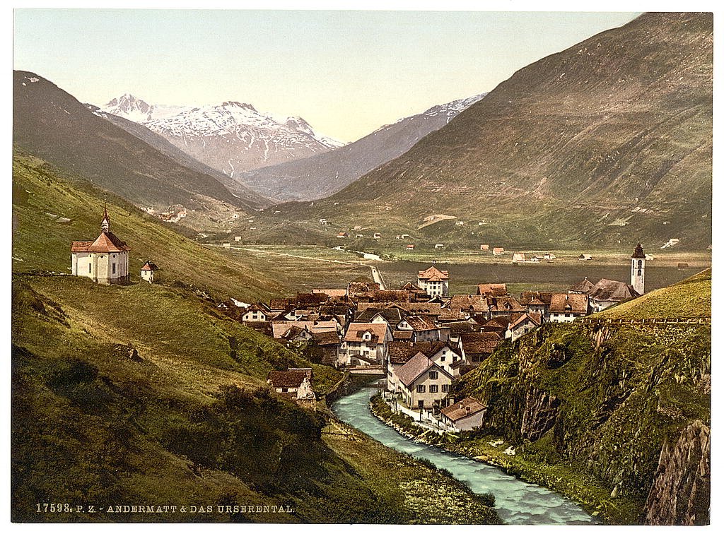Photo of a Swiss river valley showing factories quaintly lined up across the valley. Circa 1890. (Library of Congress, Public Domain).