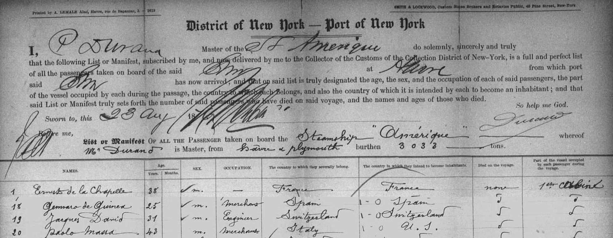 Manifest document for arrival into New York, showing Jacques David's arrival (public domain)