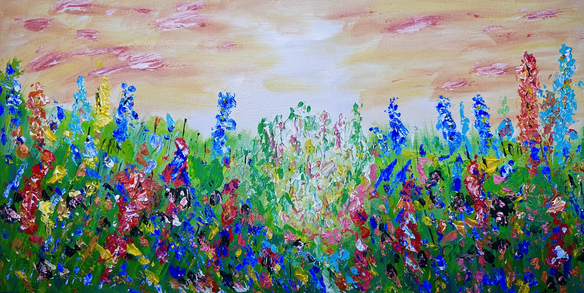 Brightly colored abstract painting of a field of flowers with a pink and orange sky in the background.