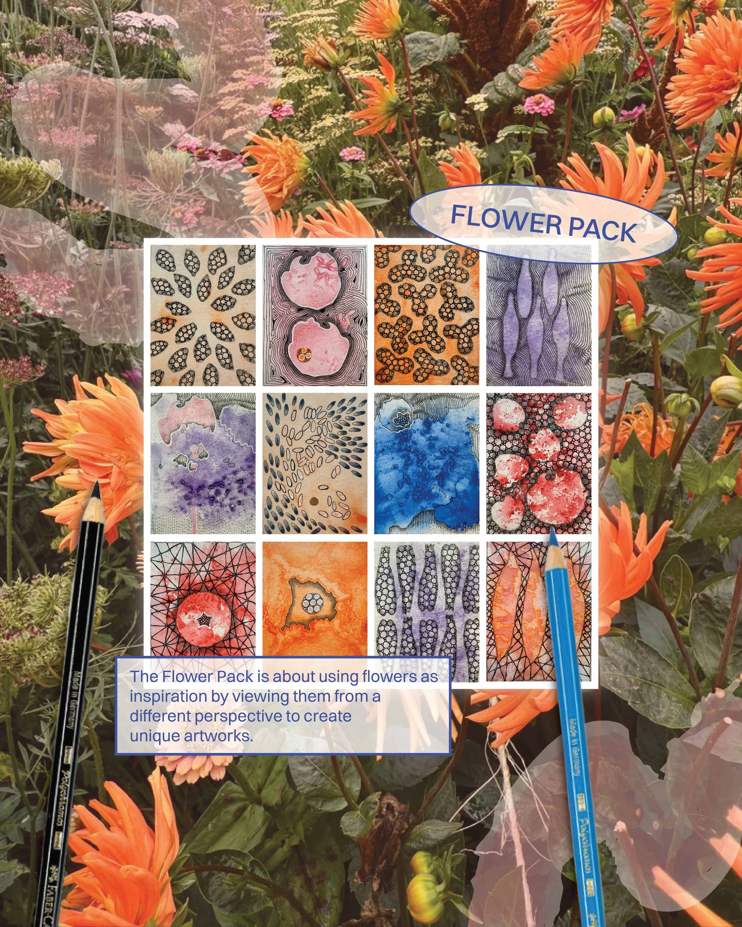 Art for Busy People's Flower at pack complete artwork, inspired by the details of flowers.