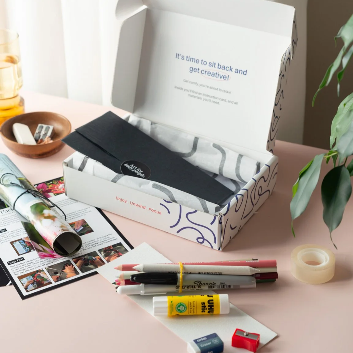 Adult art packs curated with high quality art materials and self paced art tutorial.