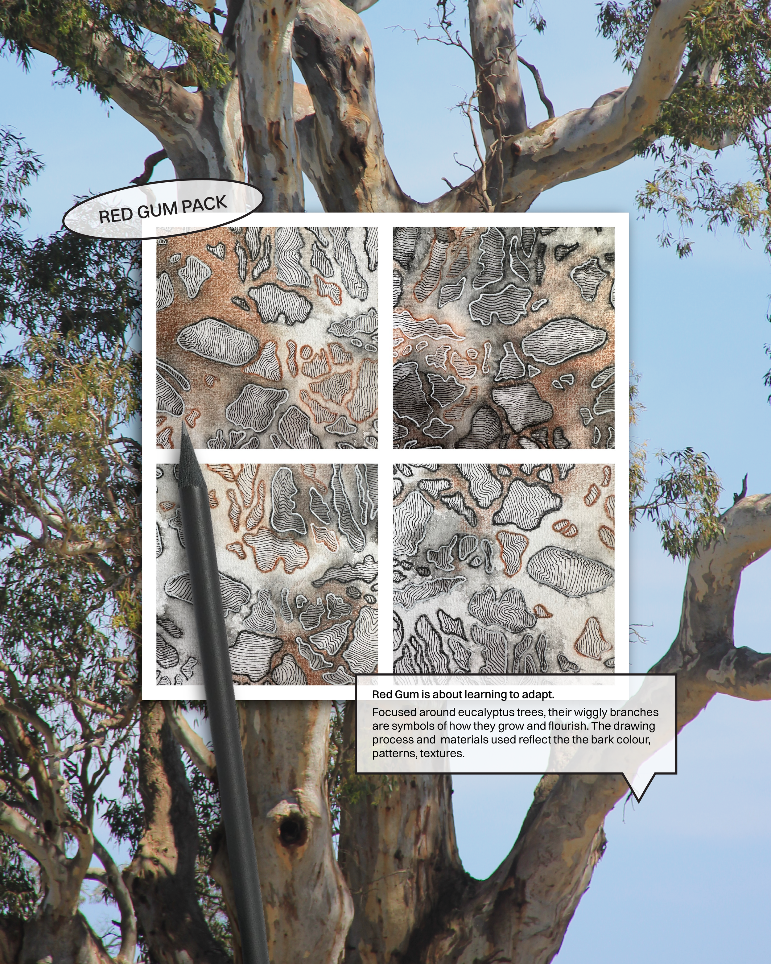 Red Gum art pack complete artwork, no previous art experience required.