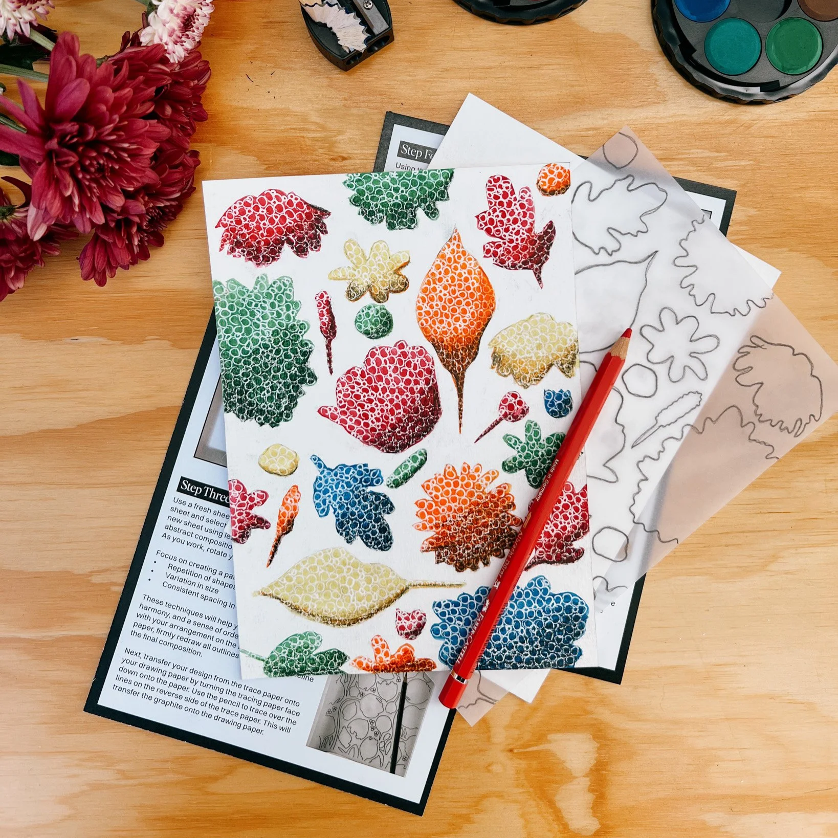 Adult art pack lesson, featuring the finished artwork of Botanic Garden art pack.