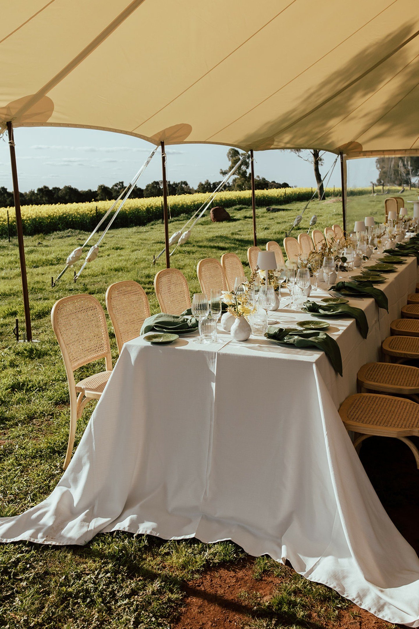 Dining with views for days!!
Featuring our weave tablecloths, forest green napkins, rattan chairs and timber trestles under the gorgeous Hampton marquee.
Stunning crockery, glassware and lamps from @social.eventhire

Venue @ryeattallis
Marquee and fu