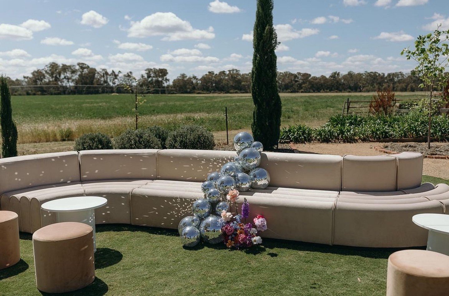 Disco vibes for Taliese &amp; Jacob

Featuring our modular lounge, ottomans and coffee tables.

Styling @bentleyandbobbievents
Photography @jessicasimphotography
Venue @fairview.homestead
Florals @thefauxflowerbar