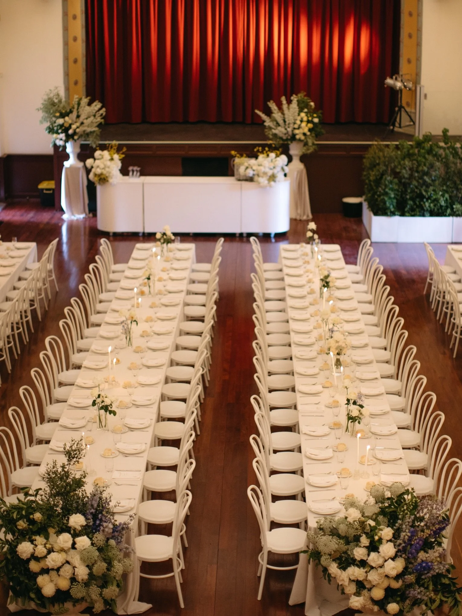 For Lily &amp; Jayden&rsquo;s wedding, Deniliquin Town Hall was completely transformed into a beautiful, light-filled reception space.

Long dining tables filled the hall, paired with our white bentwood chairs, crisp white linen, abundant florals and