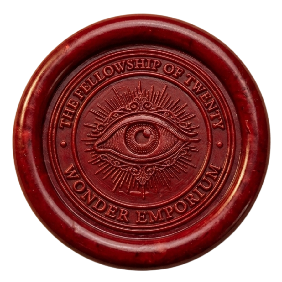 Red wax seal with the Eye of Providence and the text "The Fellowship of Twenty Wonder Emporium" around it.