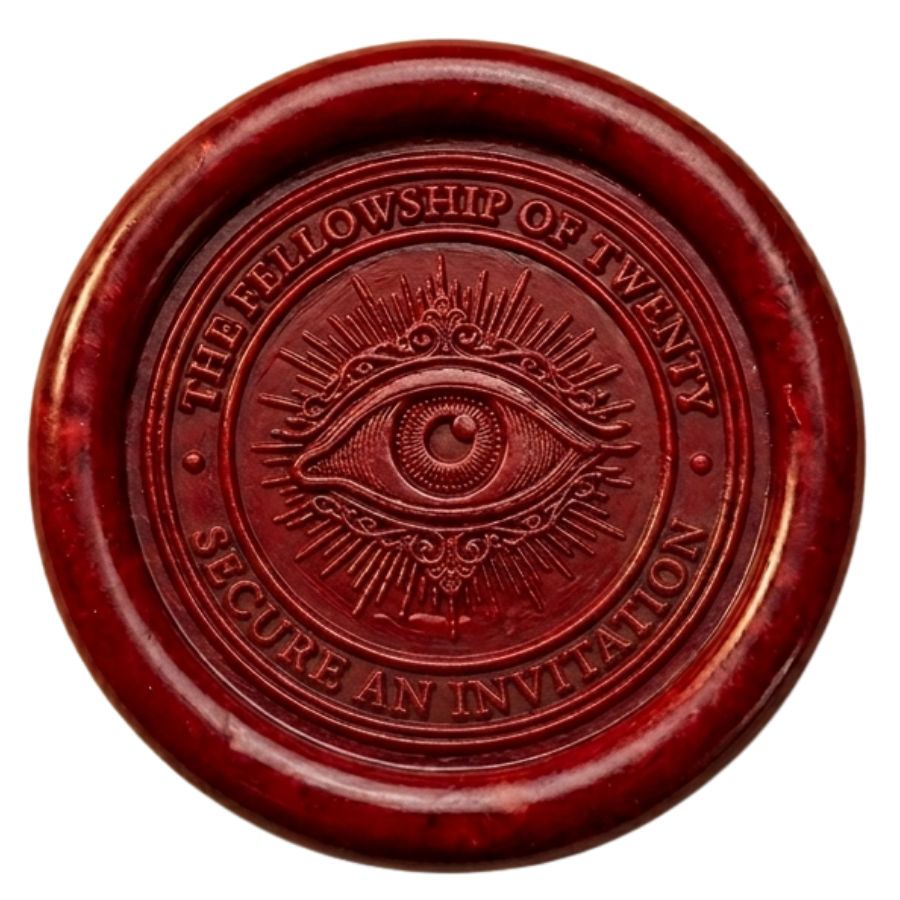 A red wax seal with an eye illustration and the words "The Fellowship of Twenty" and "Secure an Invitation."