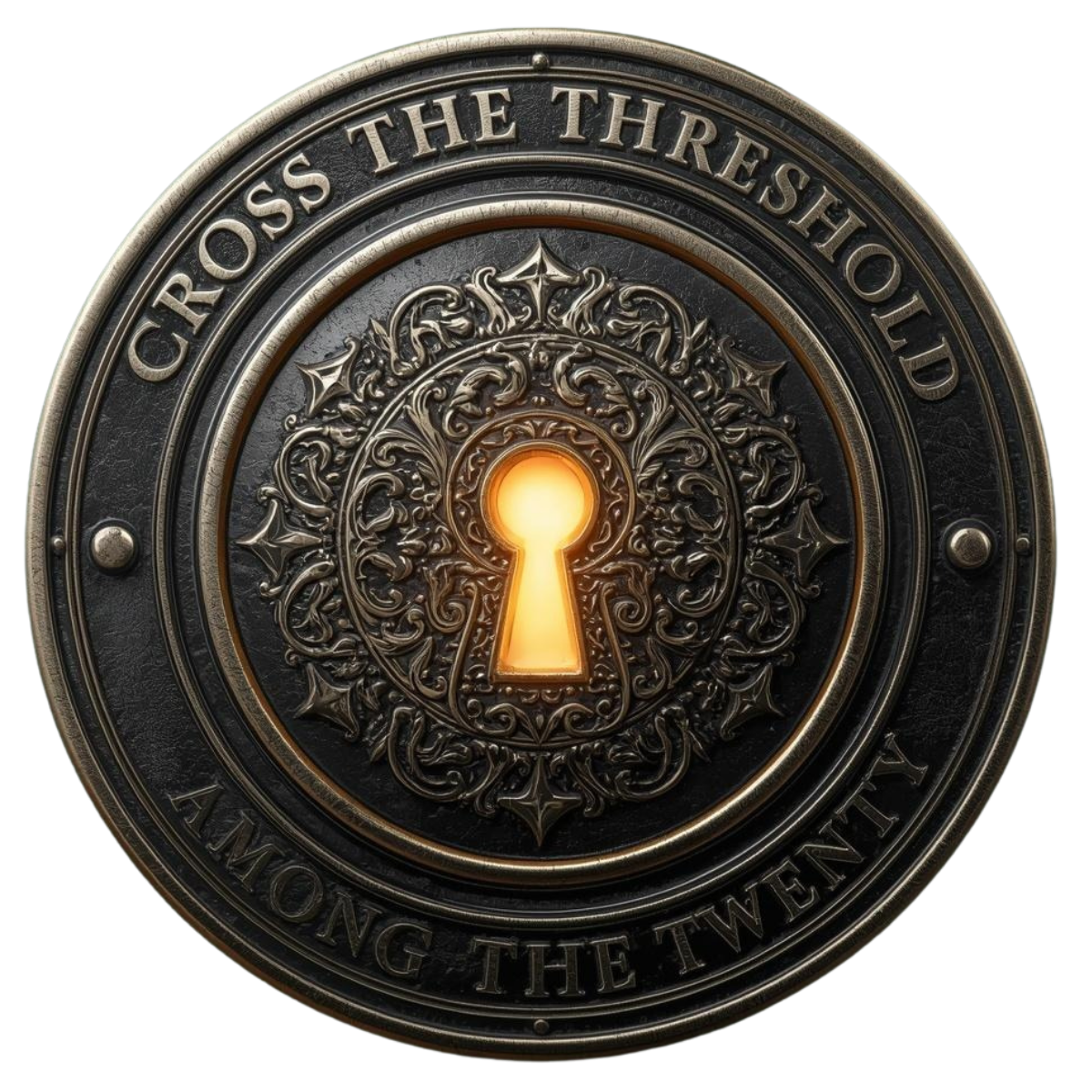 A detailed, ornate metal lock with a glowing keyhole at the center. The lock has the words 'CROSS THE THRESHOLD' and 'ALONG THE TWENTY' engraved around its circumference.