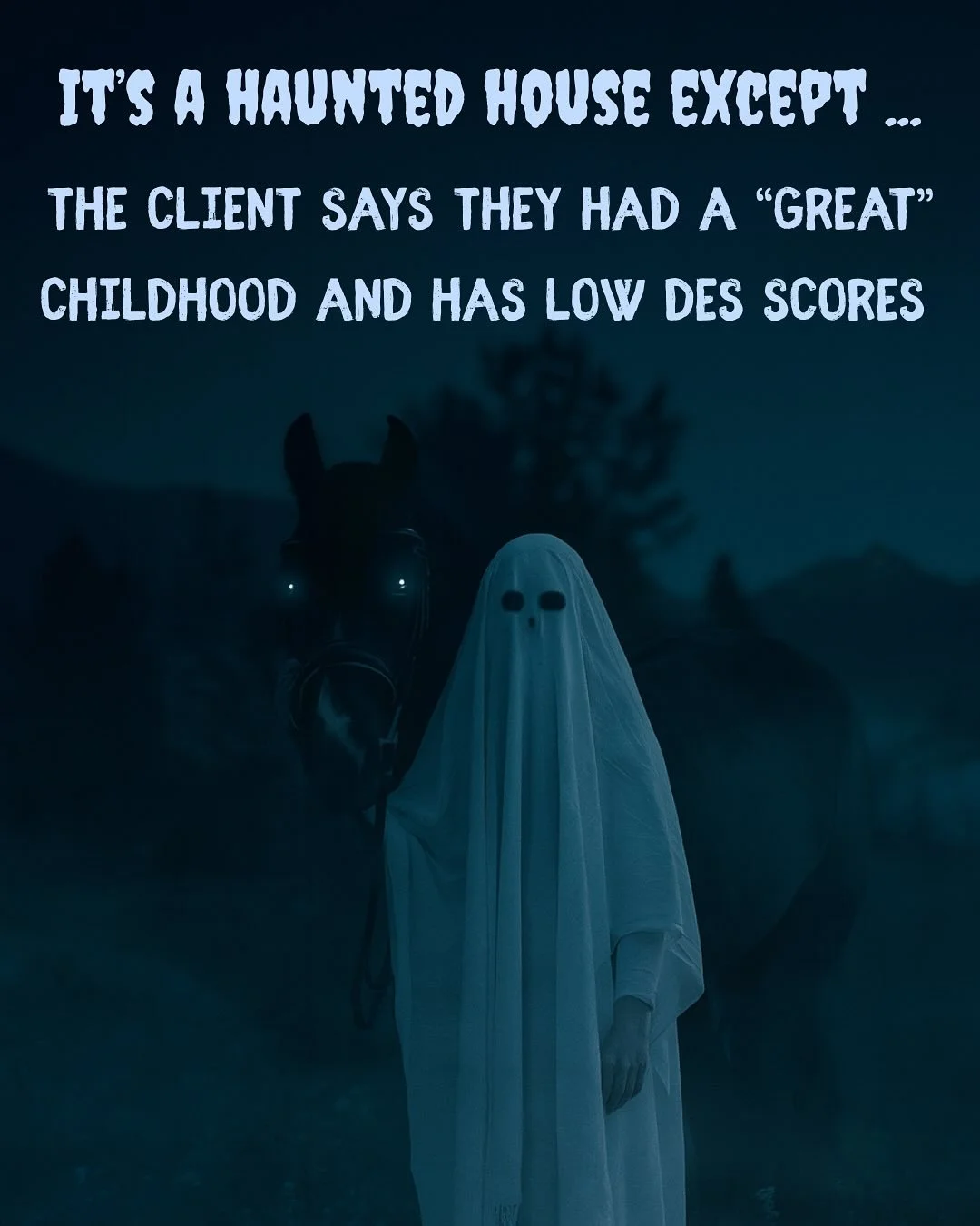 &ldquo;Dissociation is a disruption of consciousness, memory, identity, body, thought, motor control, time, emotion, and behavior.
Dissociation lives in the space between what&rsquo;s said
and what the body remembers.
Sometimes the haunting isn&rsquo