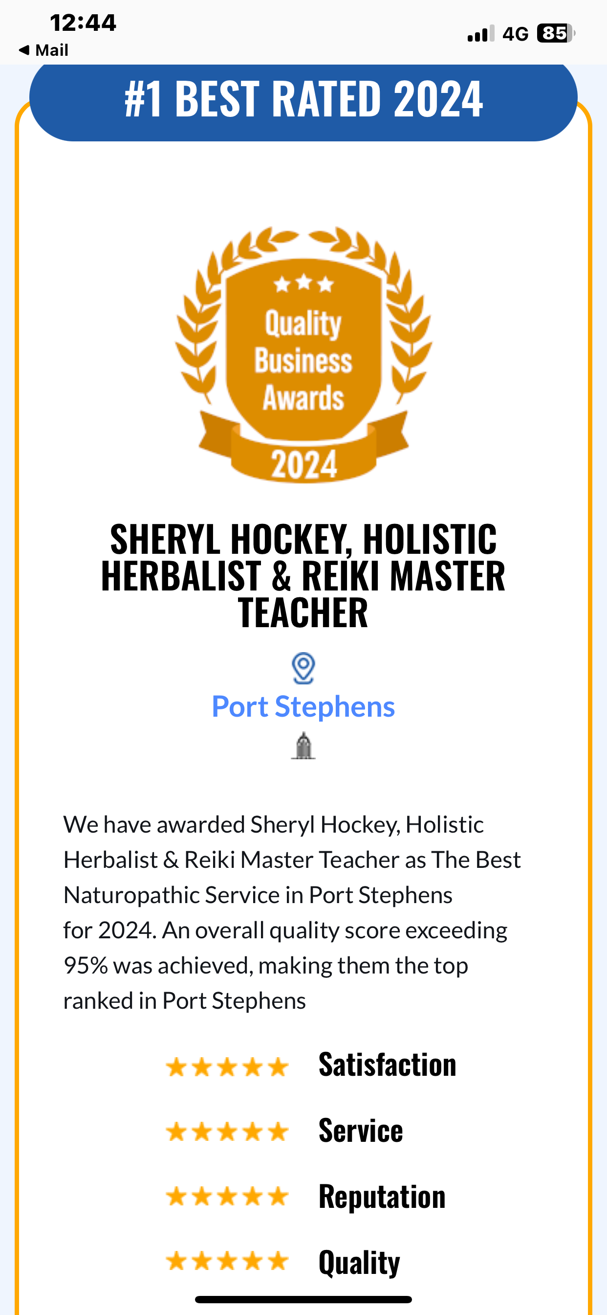 Sheryl Hockey Quality Business Awards winner Naturopathic Services2024 Port Stephens NSW