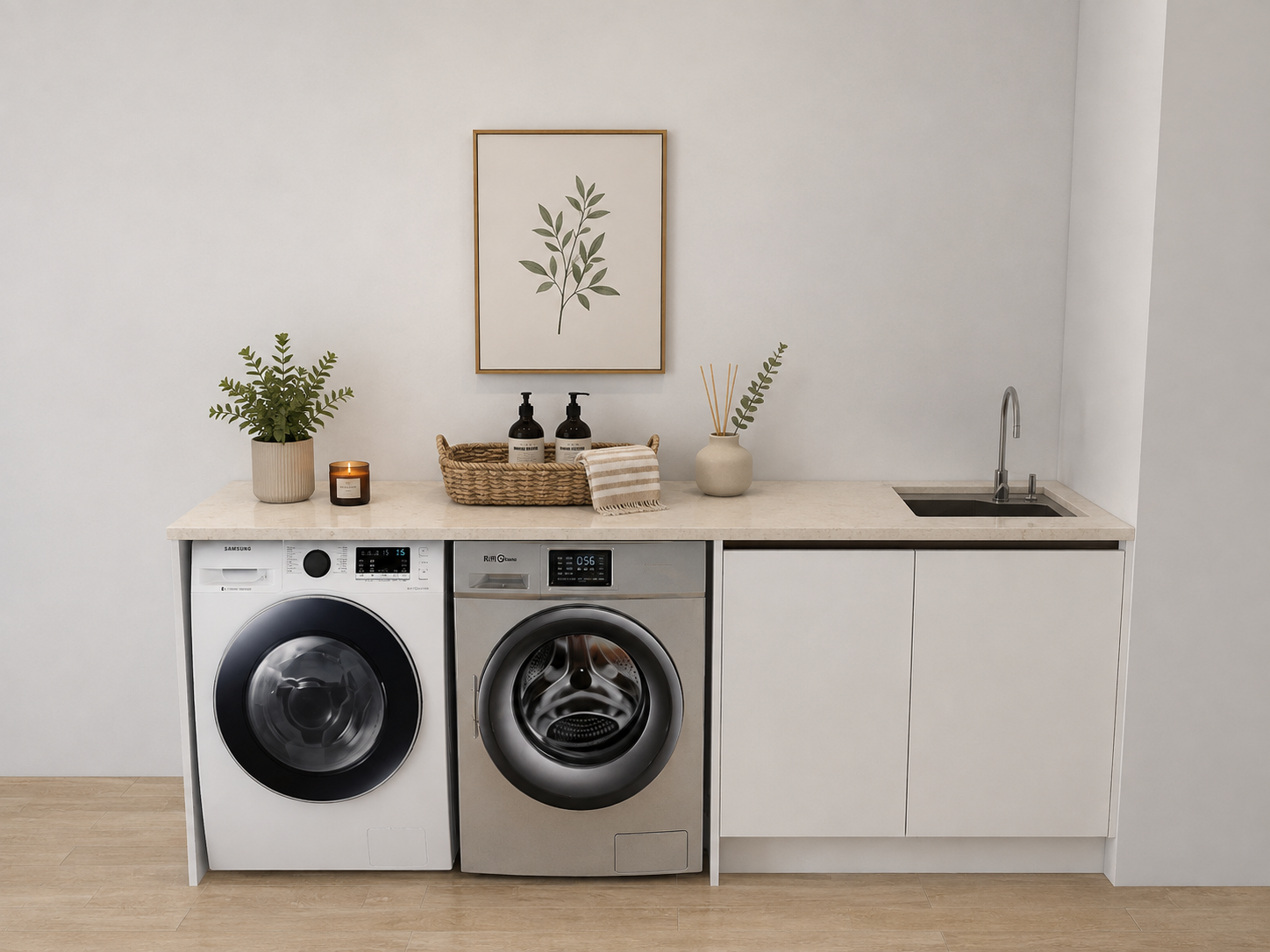 Complete white laundry cabinet package with pull-out laundry basket, HPL benchtop, stainless steel sink and spaces for front-load washing machine and dryer
