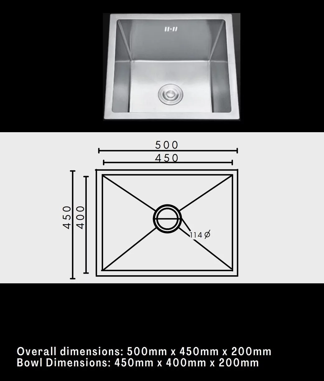 Handmade 304 stainless steel single-bowl sink measuring 500 × 450mm with specifications