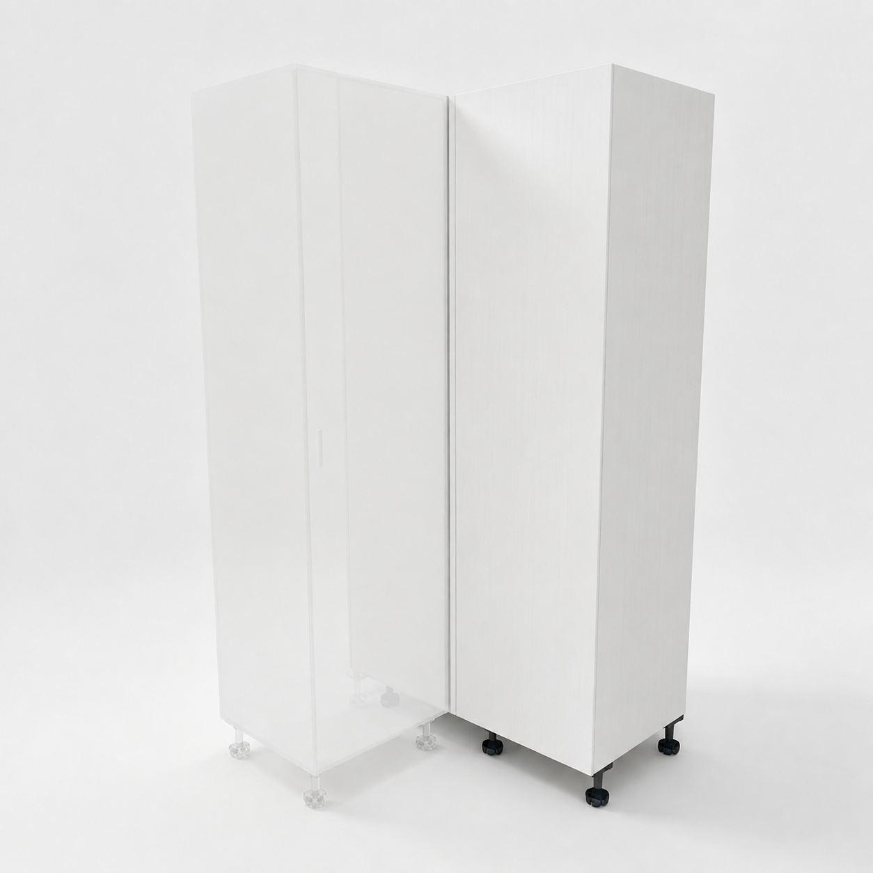 White blind corner pantry cabinet with adjacent cabinet layout – tall corner kitchen pantry NZ