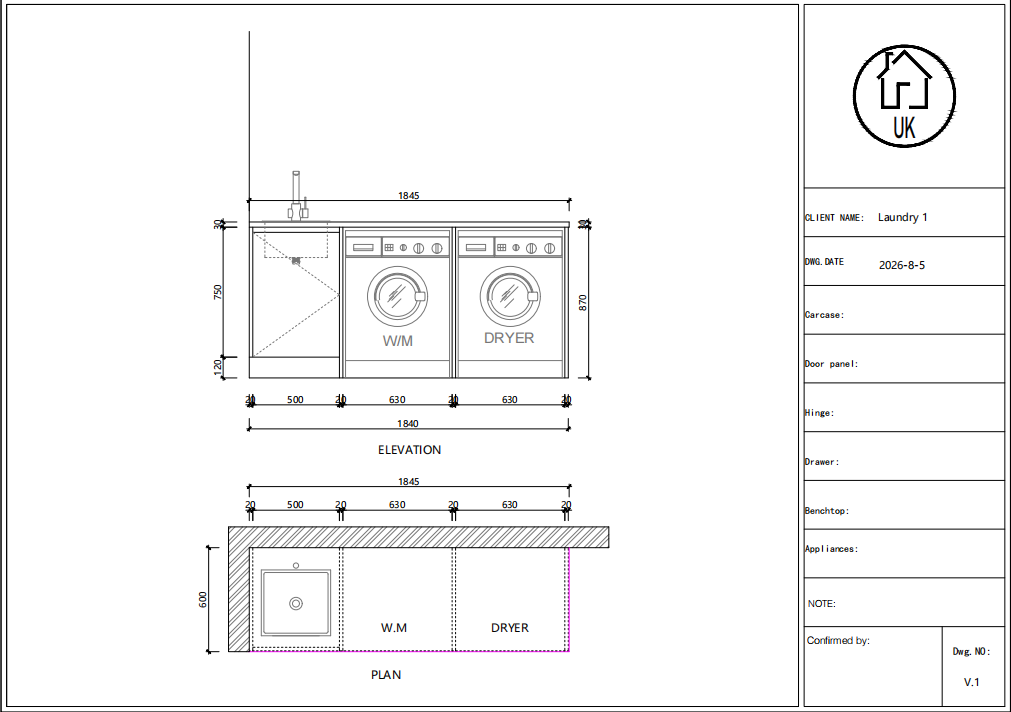 Laundry cabinet package technical drawing showing cabinet dimensions, benchtop layout and integrated sink configuration
