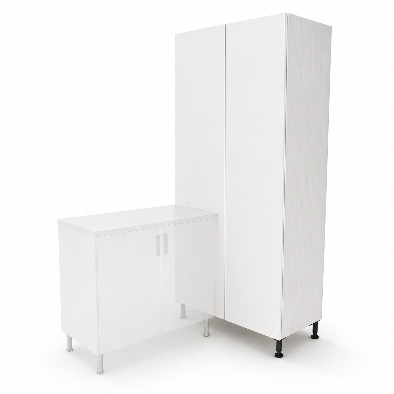 White blind corner pantry cabinet shown beside base cabinet – kitchen corner storage solution