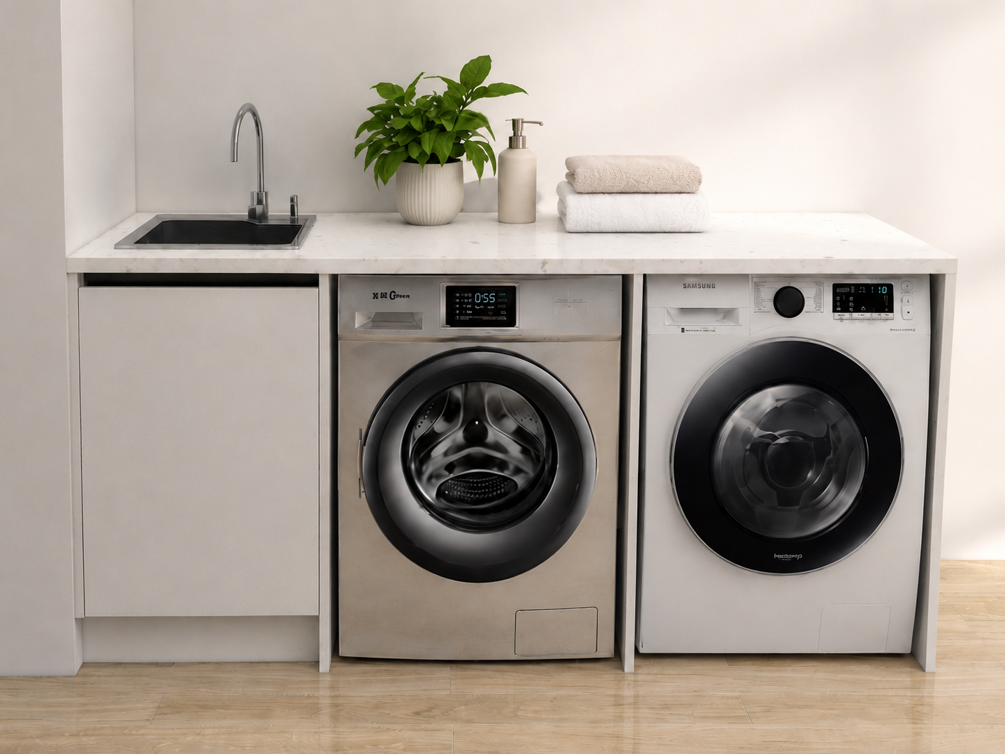 Complete white laundry cabinet package with integrated sink, benchtop, wall panels and spaces for front-load washing machine and dryer