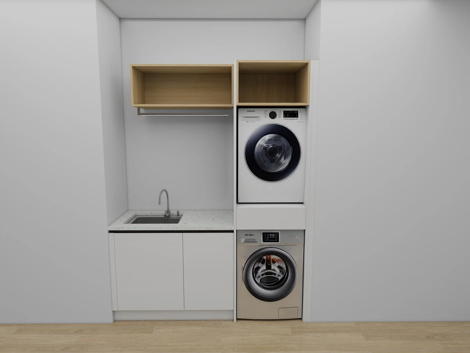 Laundry room with washer and dryer, small sink, white cabinetry, open wooden shelves, and light wood flooring.