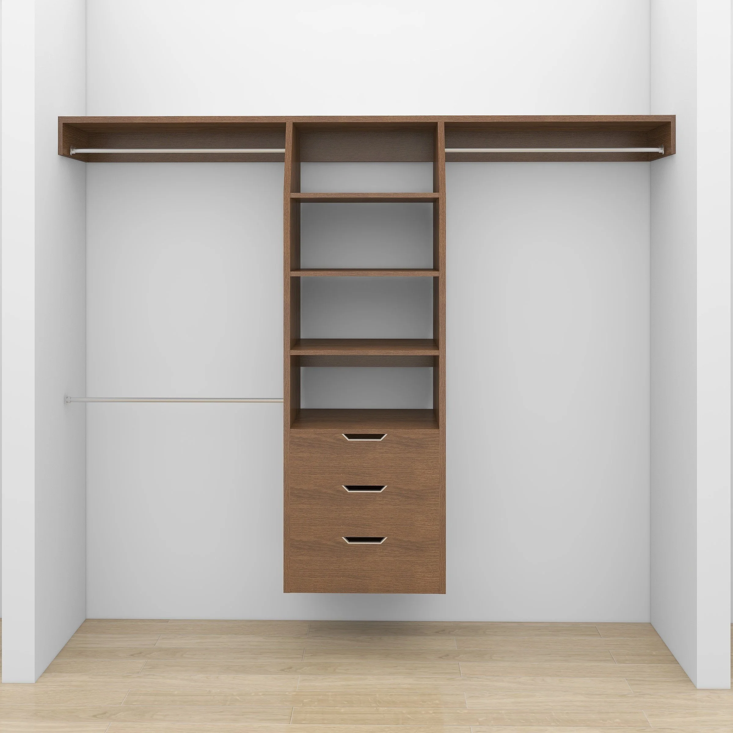 Customisable built-in wardrobe featuring a central shelving tower with three-drawer unit in wood finish, flanked by hanging rails on both sides.