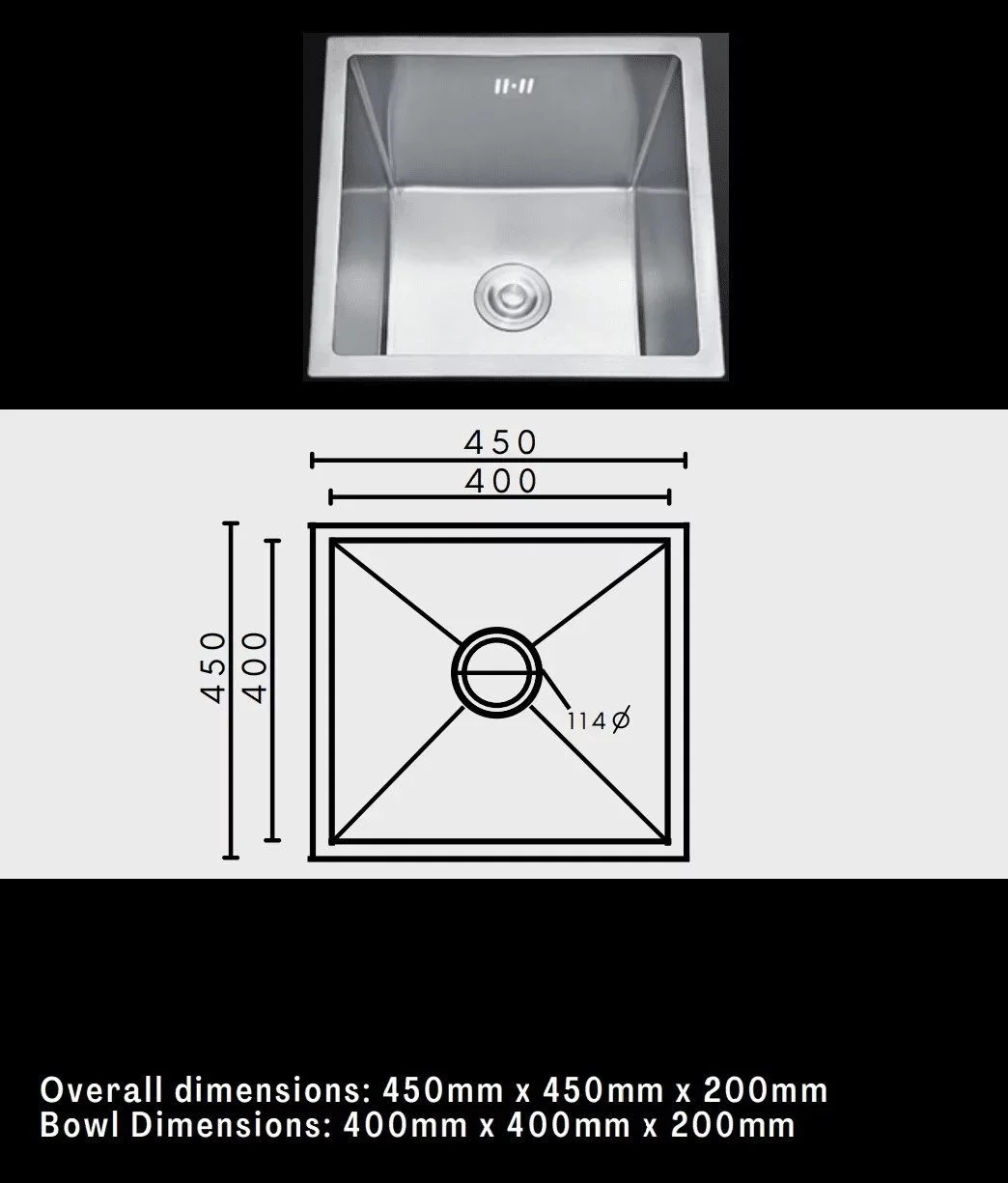 Handmade 304 stainless steel single-bowl sink measuring 450 × 450mm with specifications